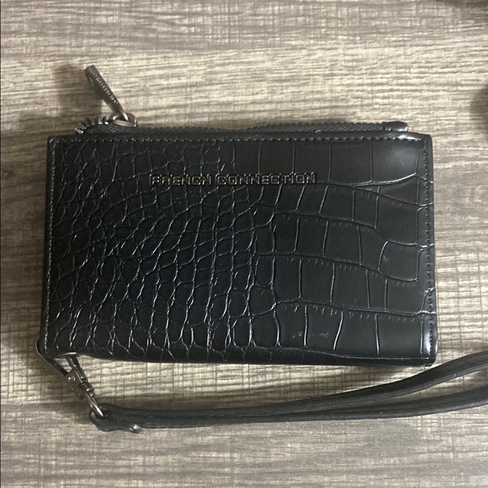 French Connection Black Croc-Embossed Wristlet